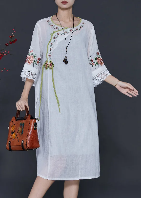 ruched dressWomen White Embroidered Patchwork Linen Oriental Dresses Summer