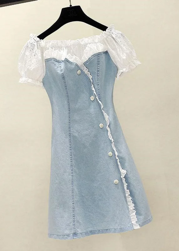 casual day dressHandmade Blue Lace Patchwork Ruffled Button Denim Mid Dress Short Sleeve