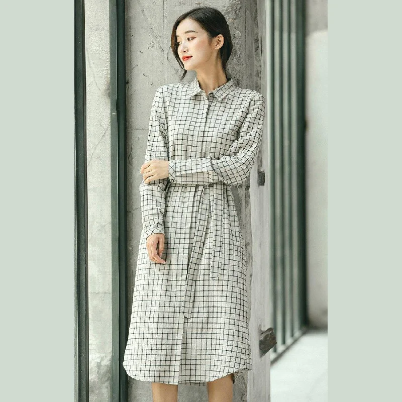 bodycon dress2018 Plaid fall casual linen dress baggy turn-down Collar linen dress