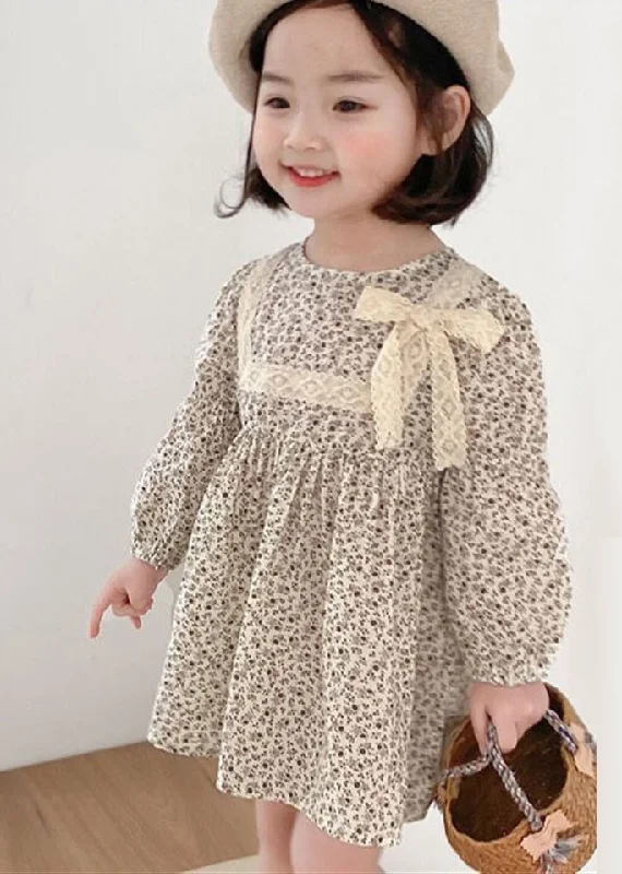 trendy wrap dressCute O-Neck Print Lace Patchwork Bow Girls Mid Dress Long Sleeve