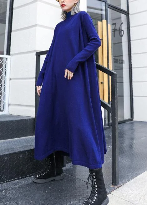 romantic dressSimple blue Sweater dress outfit Street Style high neck pockets Ugly knit dresses