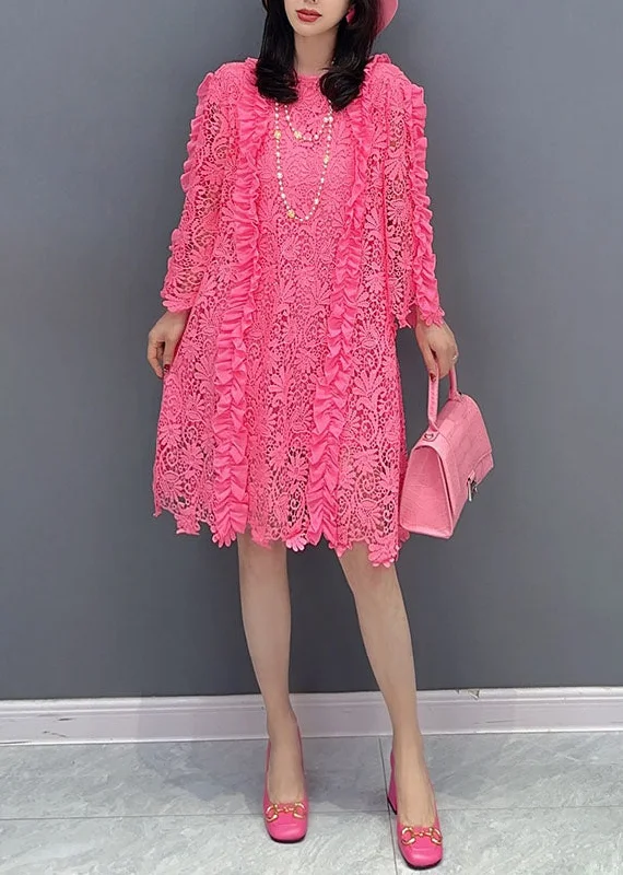 office dressClassy Rose Ruffled Hollow Out Patchwork Lace Mid Dress Summer