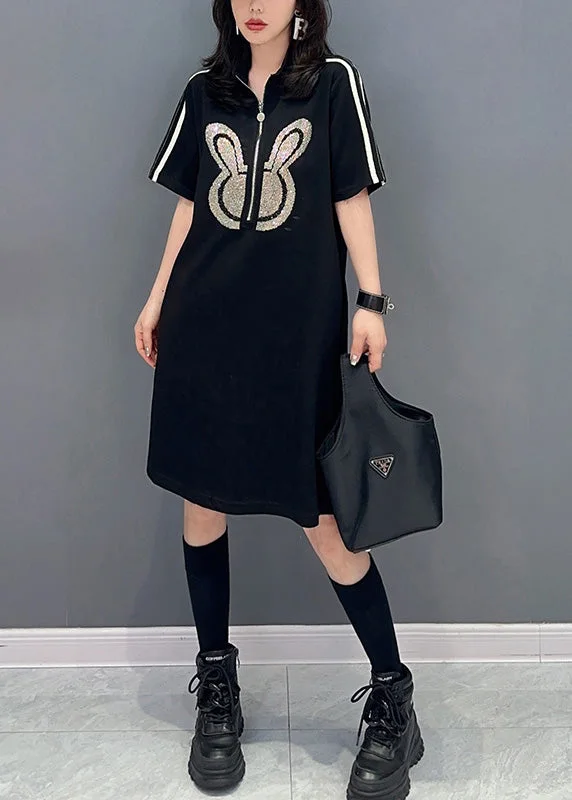 form-fitting dressBlack Zippered Rabbit Print Mid Dresses Short Sleeve