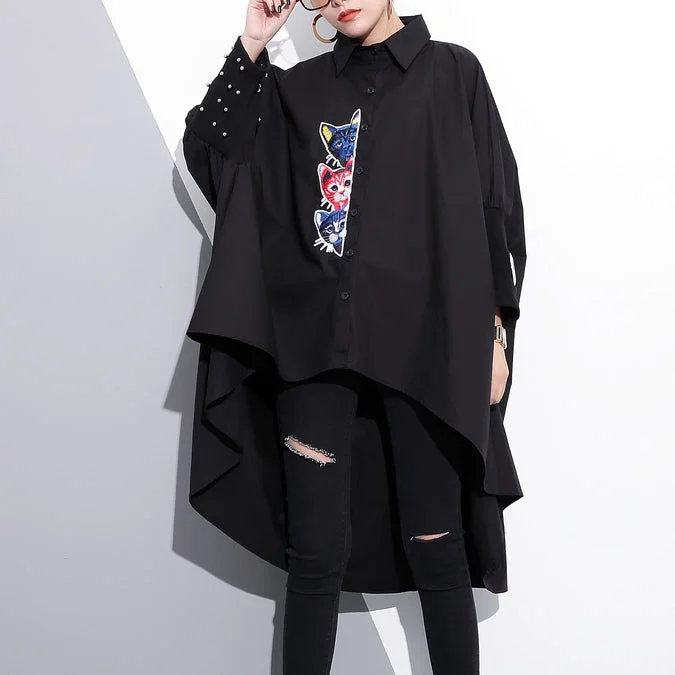 casual dressboutique black embroidery cotton tops oversized traveling clothing vintage low high batwing sleeve cotton t shirt