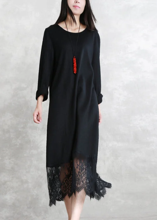 high-waisted dressbaggy black long wool blended dresses casual O neck patchwork traveling dress Elegant long sleeve lace autumn dress