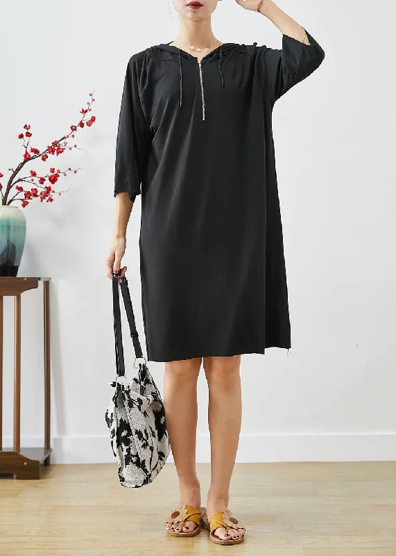 oversized dressBlack Cotton Loose Sweatshirts Dress Oversized Zippered Summer