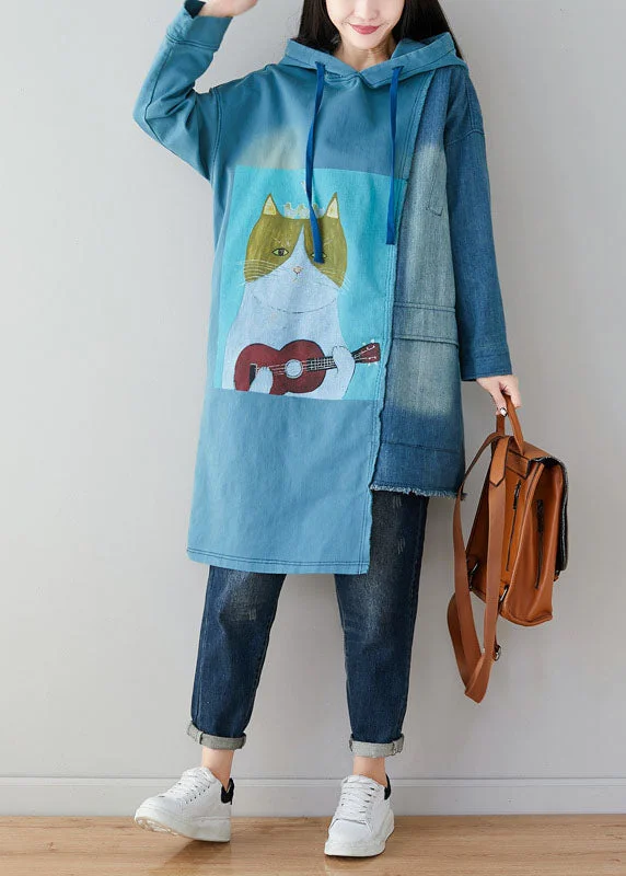 casual slip dressUnique Blue Oversized Patchwork Cotton Sweatshirts Dress Spring