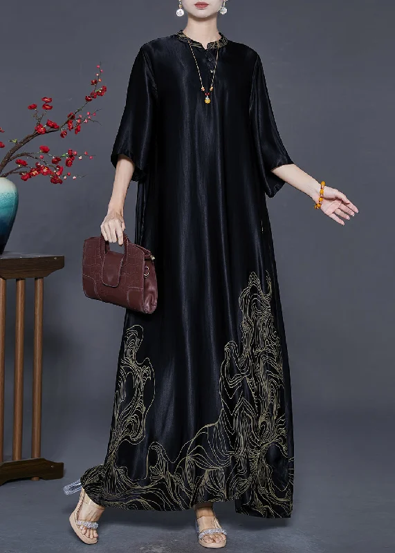 ashionable dressBoutique Black Mandarin Collar Print Silk Long Dresses Half Sleeve