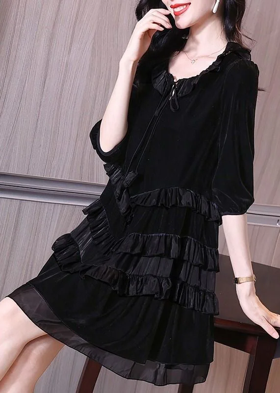 elegant shift dressItalian Black Ruffled Lace Up Patchwork Velour Mid Dress Half Sleeve