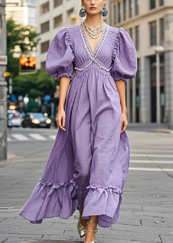 oversized dressNatural Purple Puff Sleeve Nail Bead Cotton Long Dress