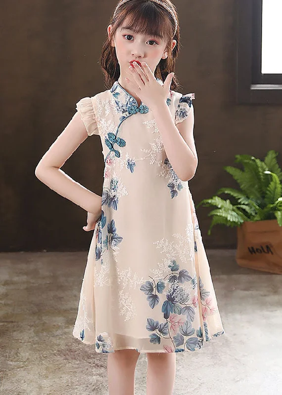 statement dressNew Apricot Ruffled Print Chinese Button Patchwork Chiffon Baby Girls Dresses Summer