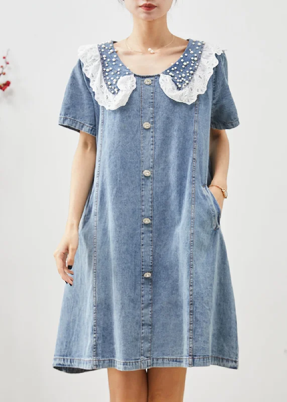 classic fit-and-flare dressCute Blue Peter Pan Collar Nail Bead Denim Vacation Dress Summer