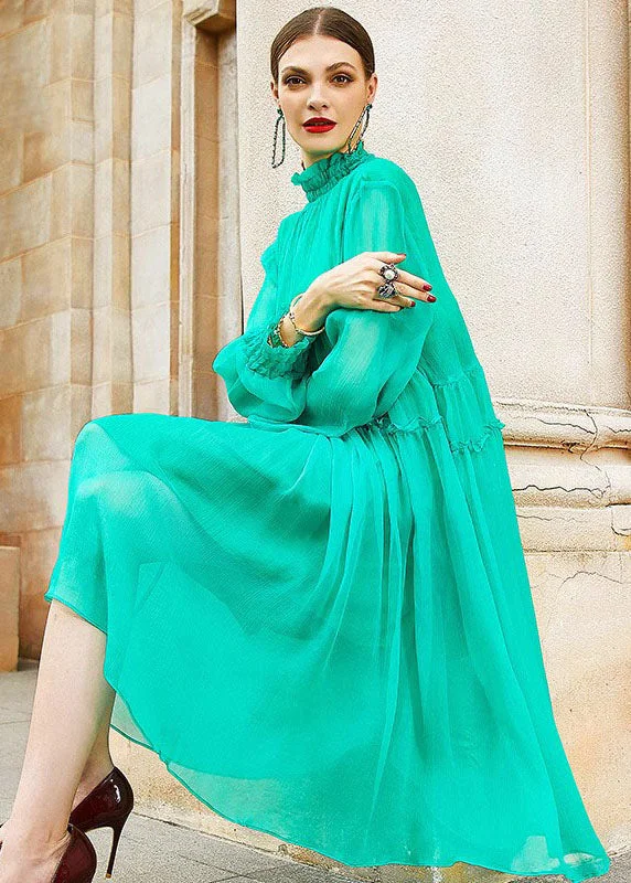 long sleeve dressArt Light Green Turtleneck Patchwork Wrinkled Solid Silk Mid Dress Fall