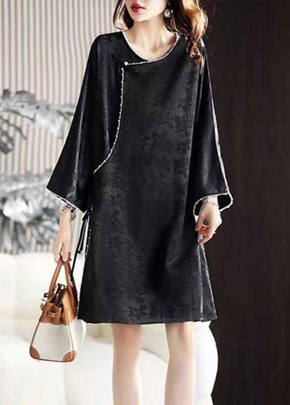 relaxed fit dressArt Black O-Neck Nail Bead Silk Mid Dress Long Sleeve