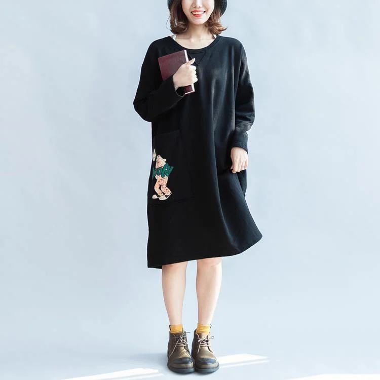 flowy dress100% cotton black carton sweat dresses long sleeve cotton dresses oversized 146cm bust