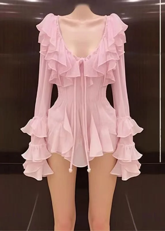 printed dressNovelty Pink Ruffled Lace Up Chiffon Mid Dress Long Sleeve