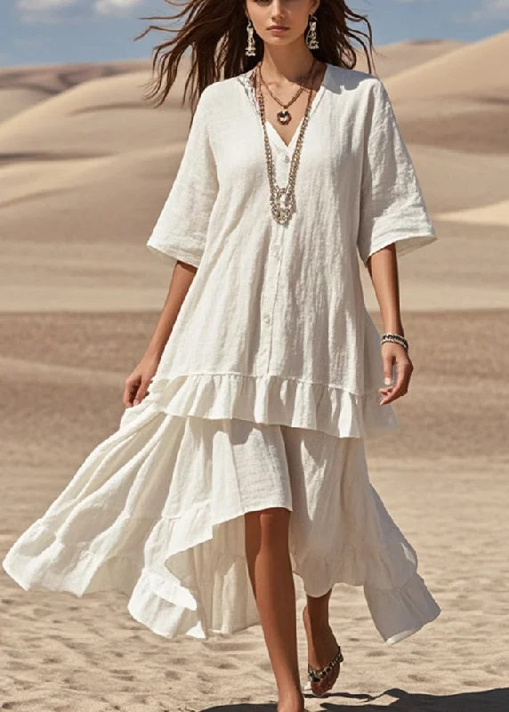 form-fitting dressBeautiful White Asymmetrical Patchwork Cotton Holiday Dress Summer