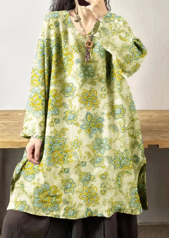 off-shoulder dressVintage yellow flower V Neck Embroidered Patchwork Linen Mid Dresses Fall