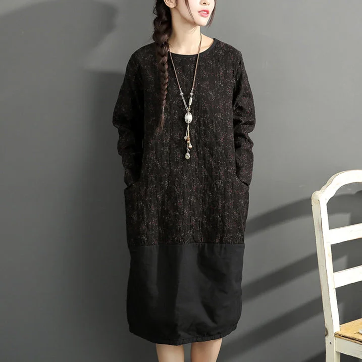 formal dress2024 new black prints cotton dresses oversize long sleeve thick warm women dress