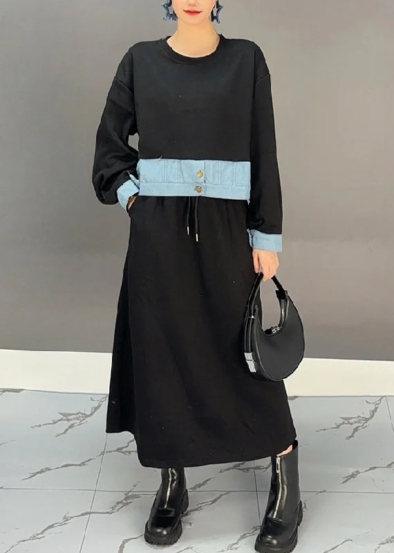 casual shift dressPlus Size Black O-Neck Denim Patchwork Pockets Maxi Dresses Spring