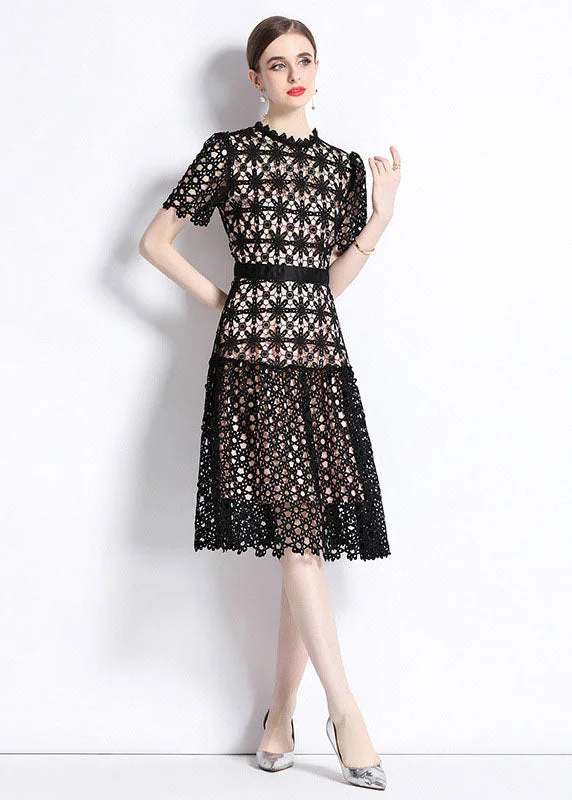 ruched dressWomen Black Embroideried Hollow Out Patchwork Lace Dress Summer