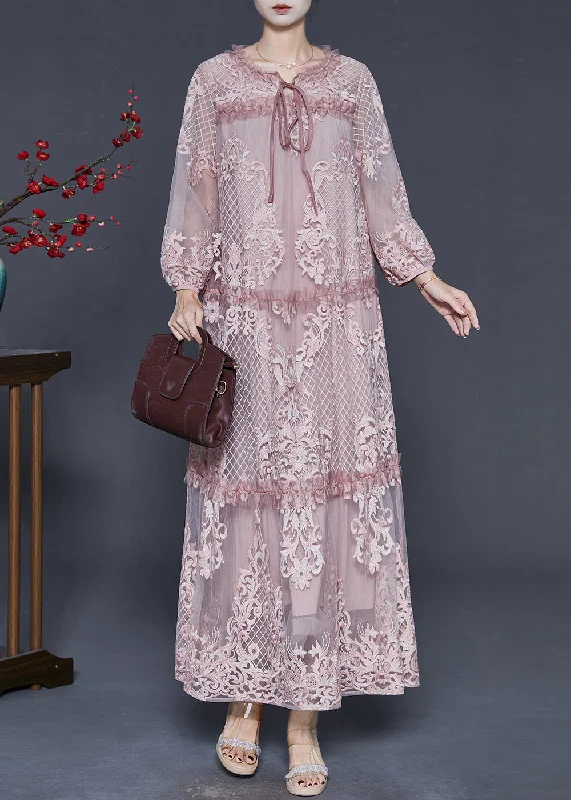 comfy maxi dressChic Pink Embroidered Patchwork Tulle Long Dresses Spring