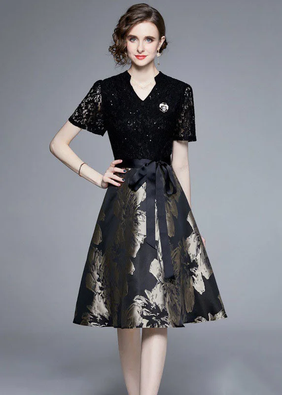 evening dressElegant Black Lace Jacquard Patchwork Tie Waist Silk Mid Dress Summer