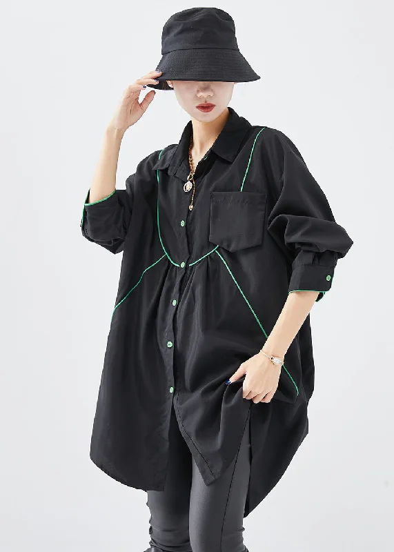 wrap-around dressFrench Black Oversized Low High Design Cotton Shirt Dress Fall