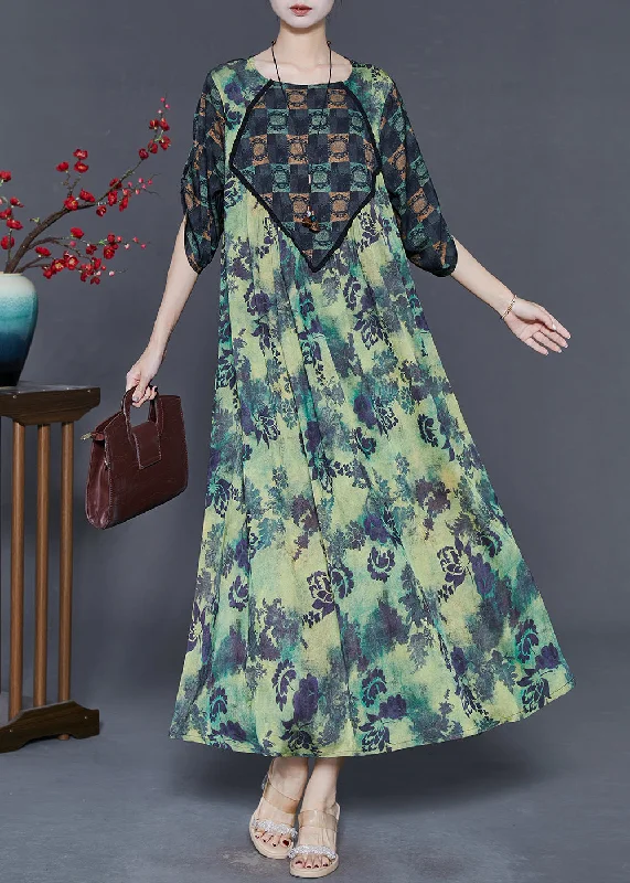 casual knit dressElegant Green Oversized Print Silk Dresses Spring