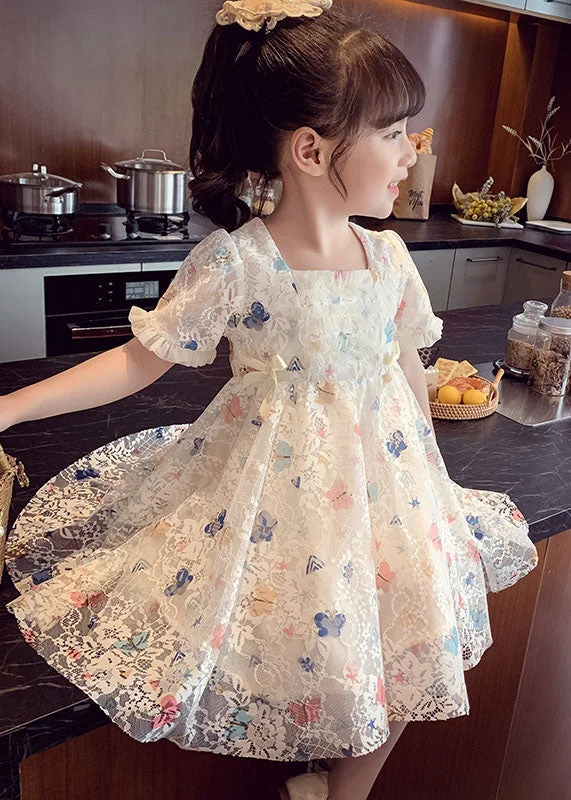 tiered dressCute Beige Ruffled Butterfly Patchwork Lace Baby Girls Dress Summer