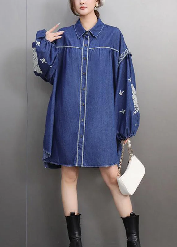 comfy dressPlus Size Blue Peter Pan Collar Embroidered Denin Long Shirts Lantern Sleeve