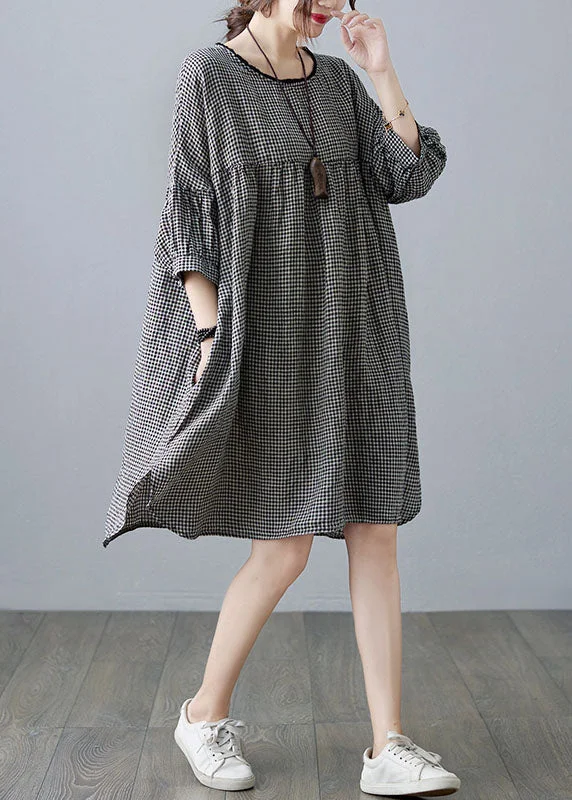 A-line dressSmall Plaid Patchwork Linen Mid Dress O Neck Wrinkled Summer