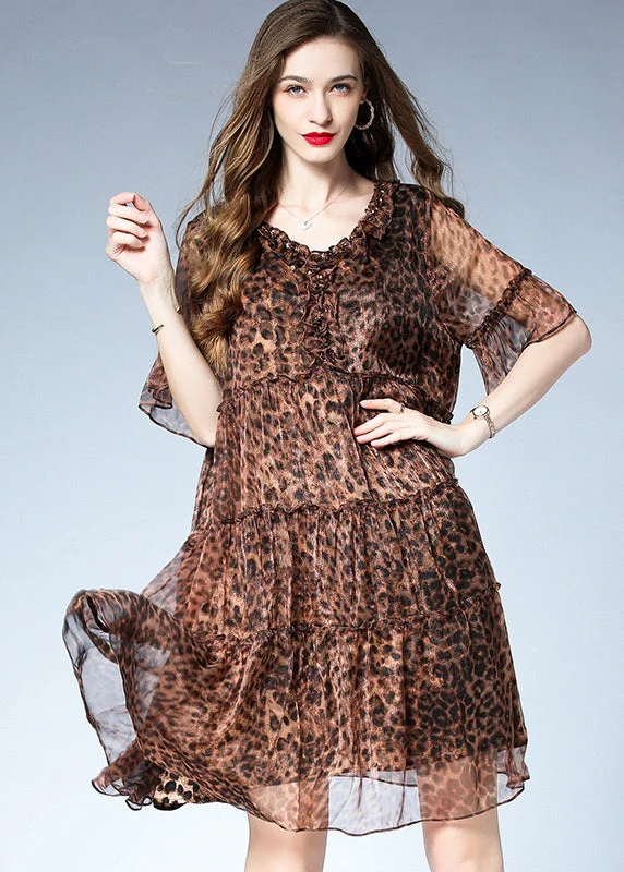 casual shift dressFrench Leopard Ruffled Patchwork Chiffon Mid Dress Summer