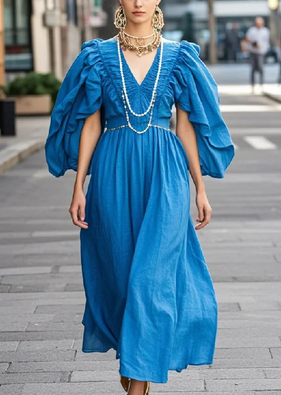 romantic dressWomen Royal Blue V Neck Wrinkled Cotton Dress Butterfly Sleeve