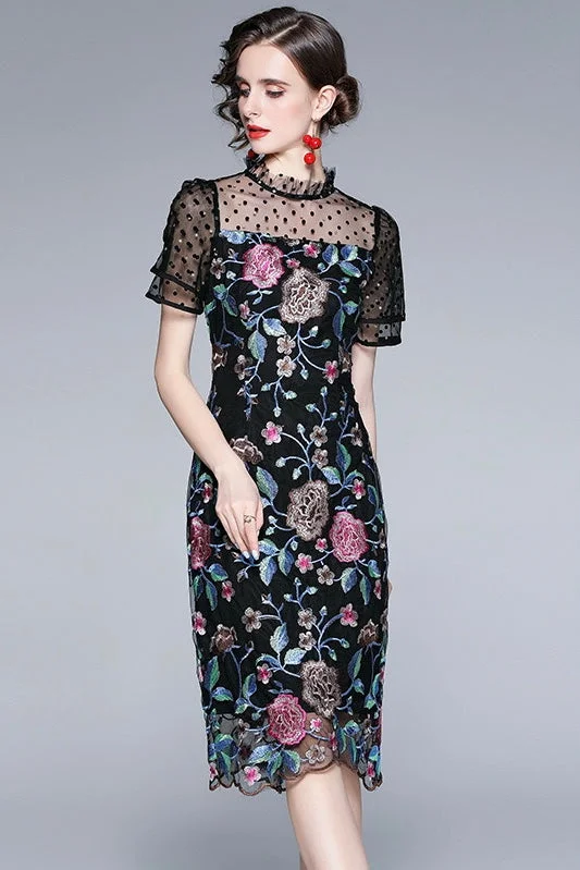 fitted cocktail dressBlack Floral Embroidered Dress