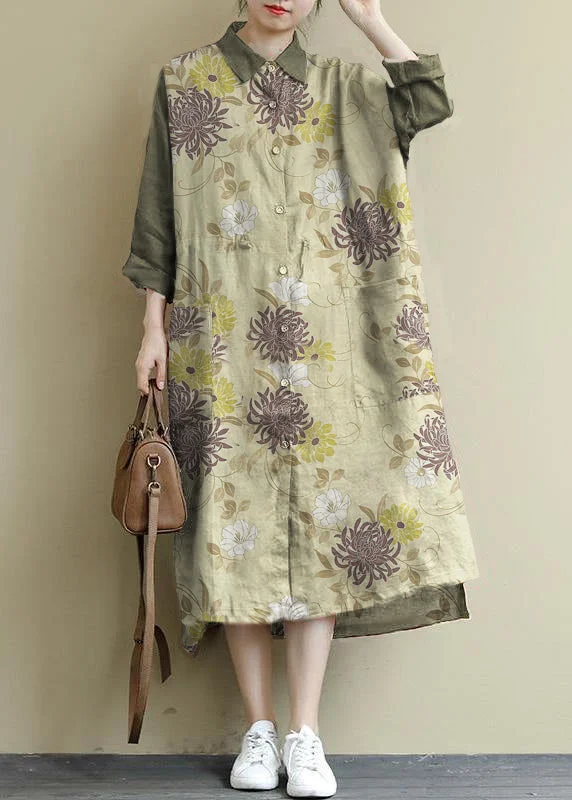 chic slip dressgreen flower Linen Shirt Dress Casual Oversize Spring Maxi Dresses