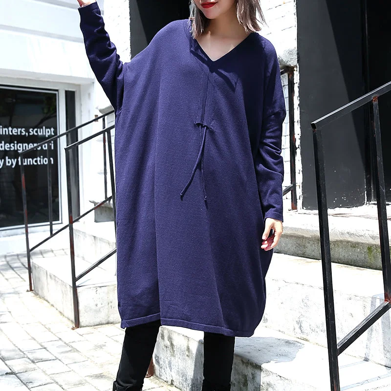 statement dresswomen blue plus size casual baggy dresses 2018 V neck drawstring cotton blended dress