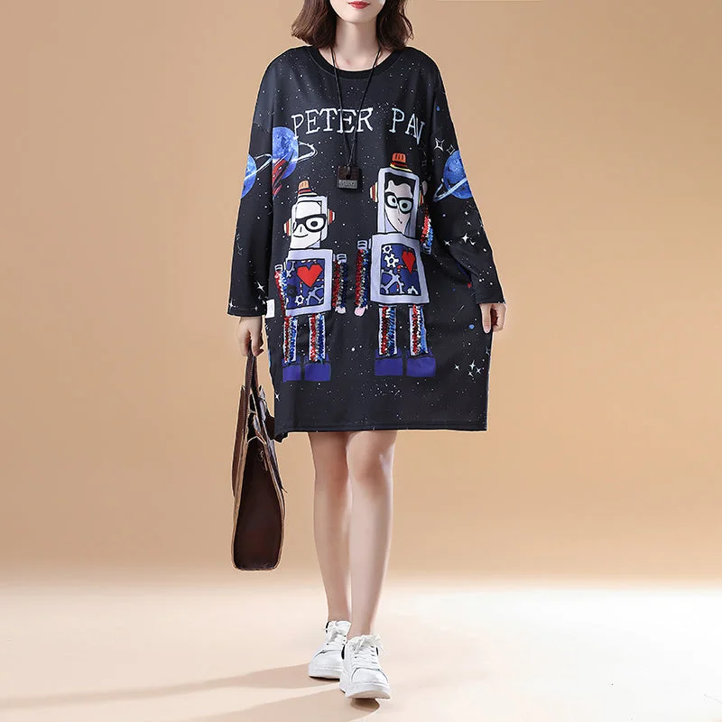 sophisticated dresscartoon print 2024 fall black cotton casual dresses plus size long sleeve fashion shift dress