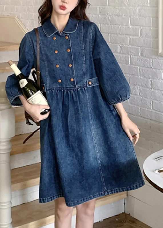 lace dressWomen Navy Peter Pan Collar Wrinkled Patchwork Denim Long A Line Dress Spring