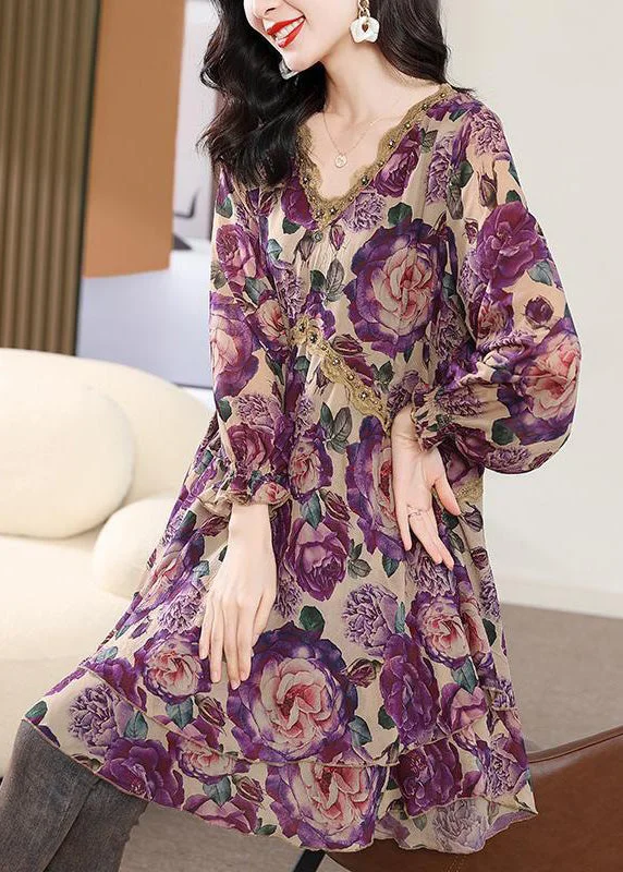 flowy maxi dressBeautiful Purple V Neck Print Nail Bead Chiffon Mid Dress Spring