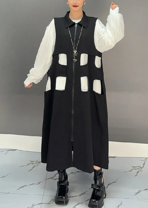 luxury dressBohemian Black Zippered Patchwork Hollow Out Long Waistcoat Dress Spring