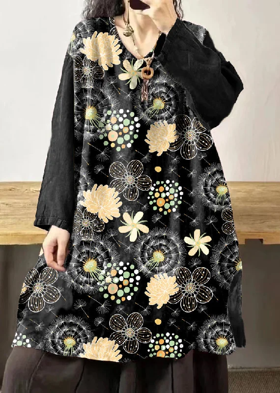 winter dressVintage Black flower V Neck Embroidered Patchwork Linen Mid Dresses Fall