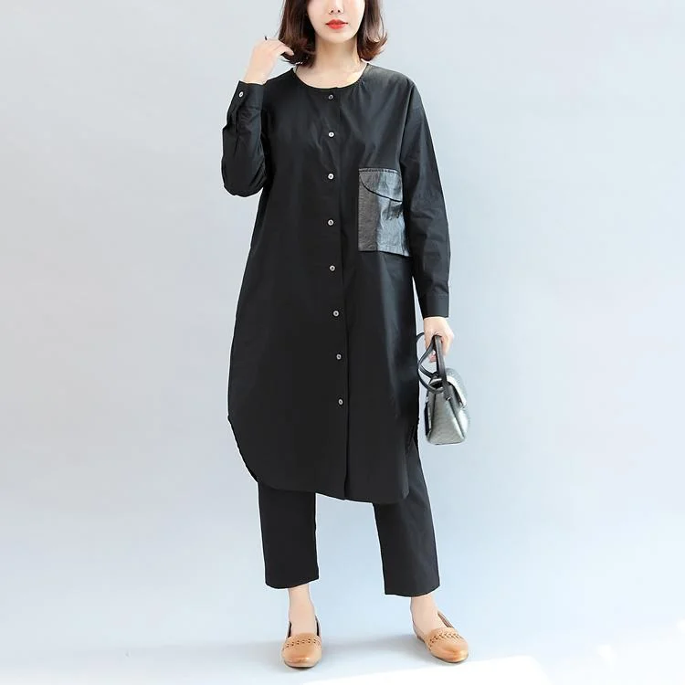 party-ready dressblack pockets patchwork cotton blouse oversize o neck shirt dress