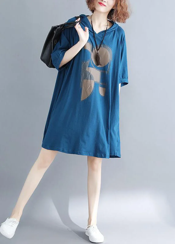 bohemian dressPlus Size Blue Hooded Print Cotton Sweatshirt Dress Summer