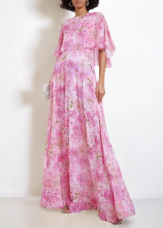 stylish dressBohemian Pink O Neck Print Chiffon Maxi Dresses Butterfly Sleeve