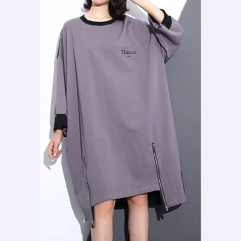 trendy wrap dressfashion gray Midi-length cotton dress plus size clothing autumn dress zippered baggy vintage O neck cotton dresses