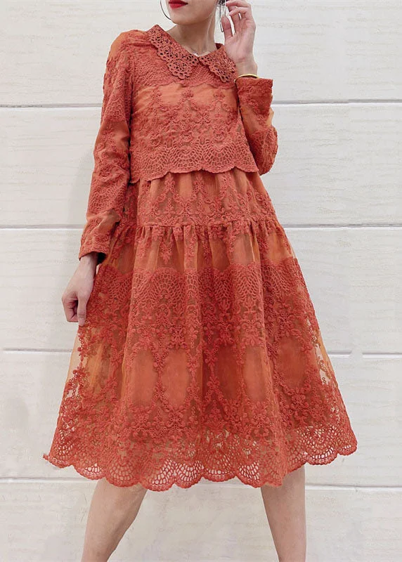 trendy mini dressItalian Orange Peter Pan Collar Embroideried Patchwork Tulle Dresses Long Sleeve