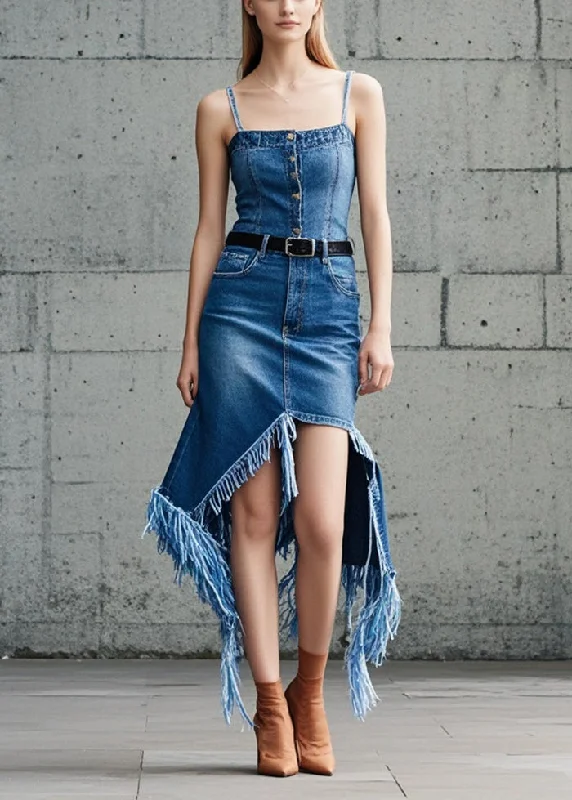 midi dressClassy Blue Asymmetrical Denim Tasseled Denim Spaghetti Strap Dress Summer