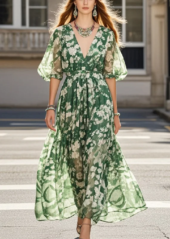 off-the-shoulder dressFrench Tea Green V Neck Print Chiffon Party Dress Summer