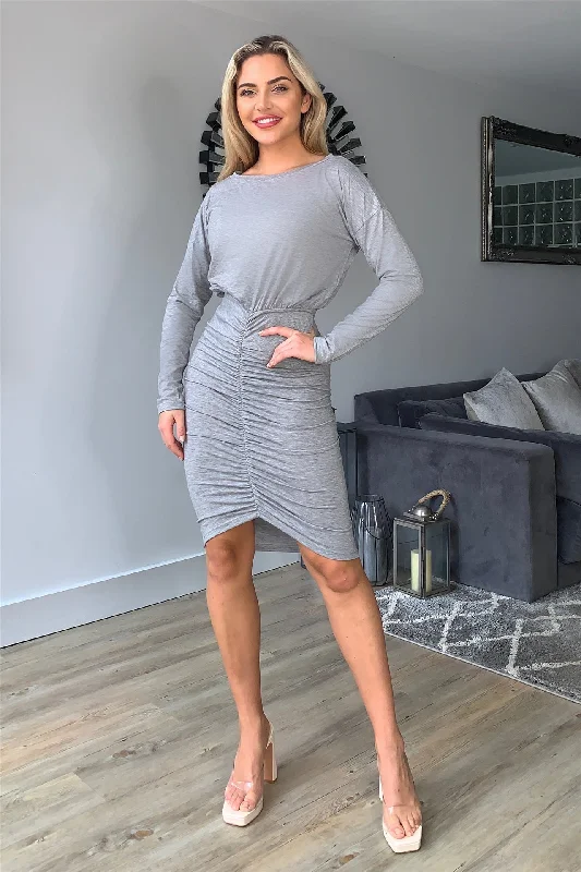 relaxed fit dressLong Sleeves Ruched Front Dress In Grey